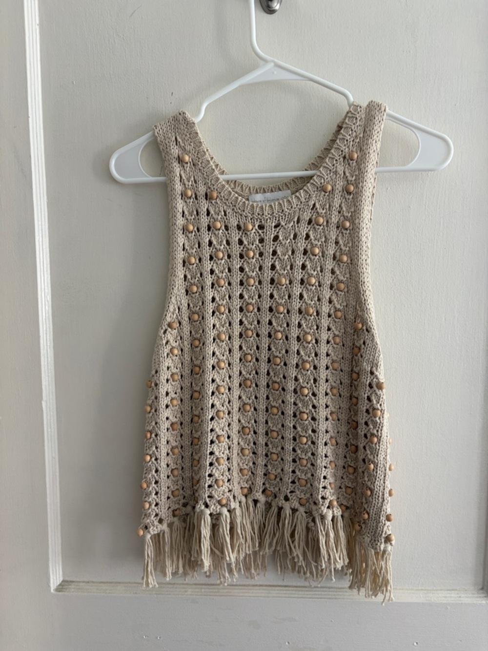 House of Harlow 1960 Beaded Crochet Fringe Tank Top in Beige